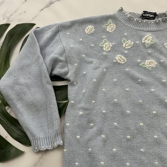 Catalina Womens Vintage 90s Cottagecore Sweater Size L Pastel Blue Beaded Flower - Picture 4 of 12
